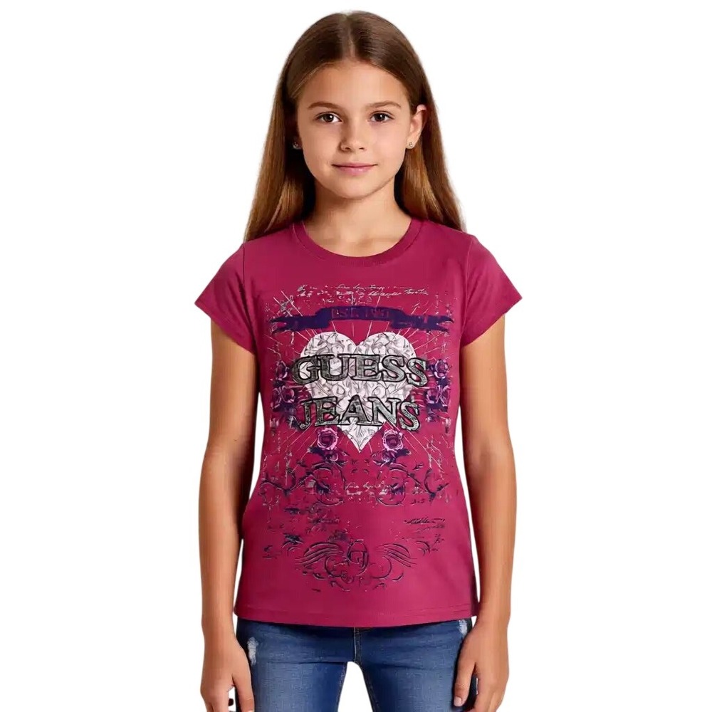 GUESS Girls Magenta Pink Rhinestone Heart Graphic T-Shirt Size 12/14 NWT
